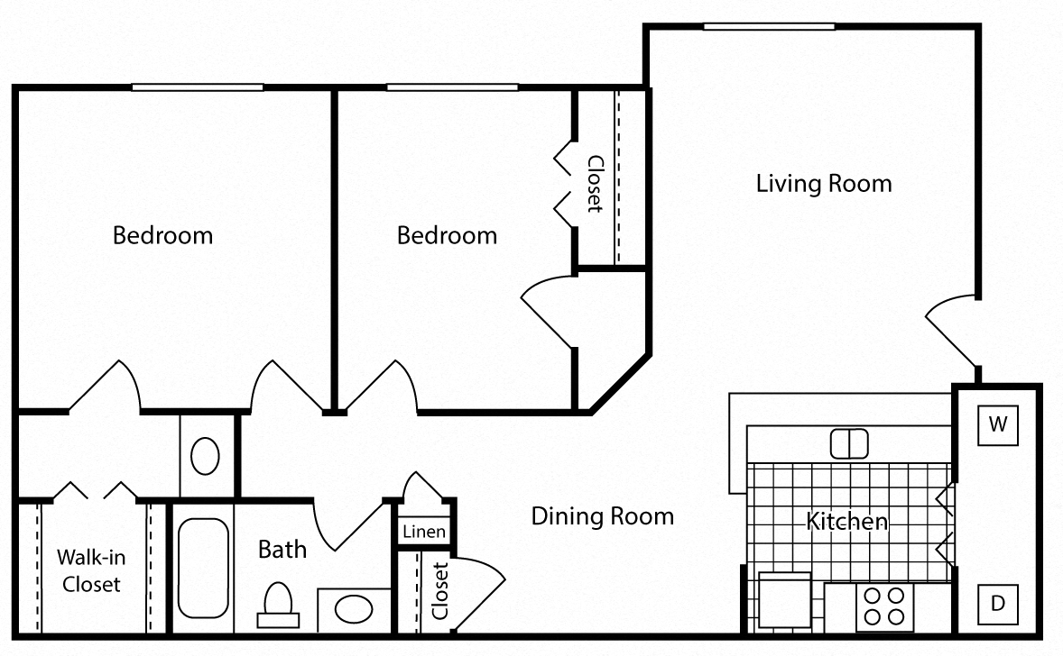 Floor plan for 2 beds, 1 bath, 858 sqft